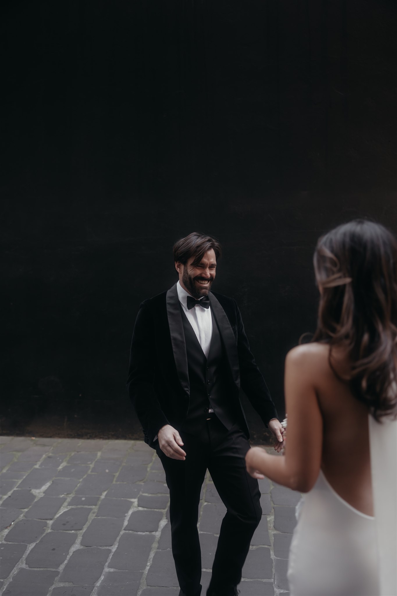 First look before their intimate Melbourne registry office wedding