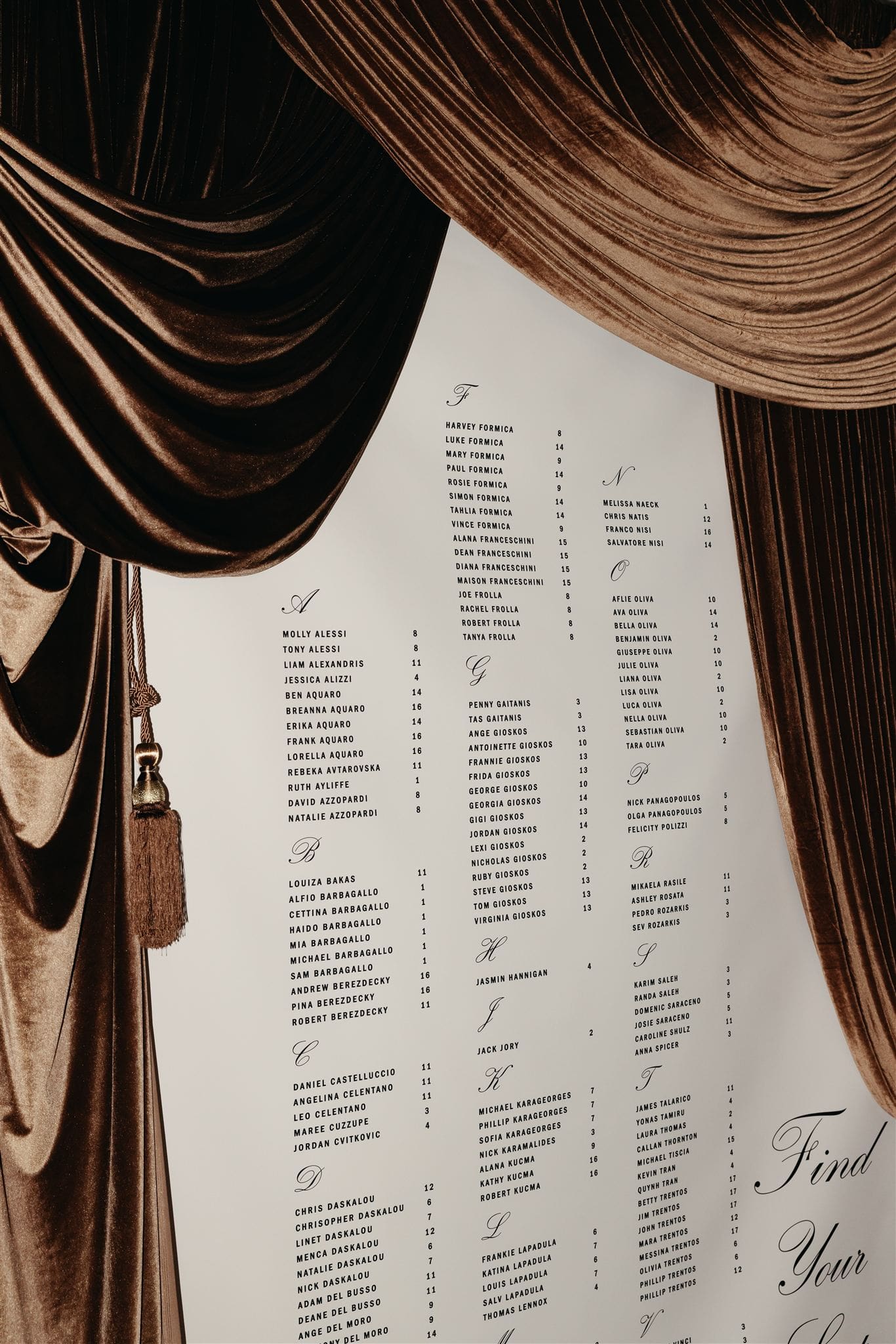 Draped seating chart